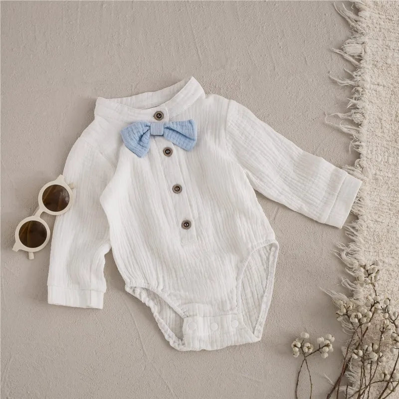 Newborn Baby Boy Cotton Clothes Set Bow Shirt Romper+Strap Pant 2PCS Infant Toddler Child Baby Suit Birthday Party Baptism 0-2Y