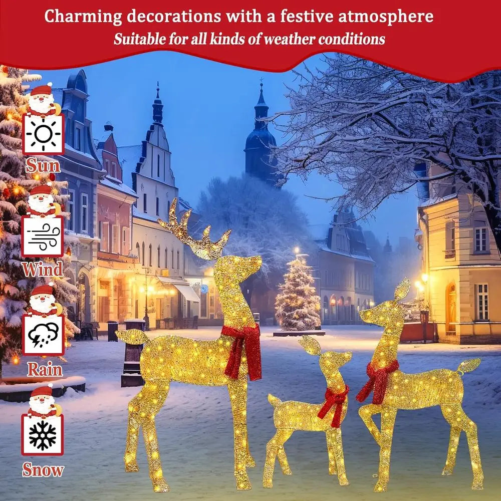 48 2.5 D Gold LED Lighted Christmas Deer Set, 3-Piece Outdoor Reindeer Decorations with 145 Lights for Lawn and Garden