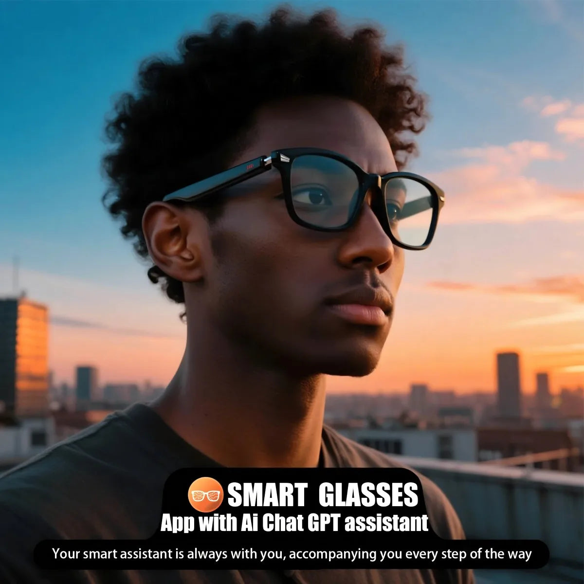 Smart glasses, app translation, color-changing lenses, high-definition voice calls, Hi-Fi music quality, open-ear audio glasses.