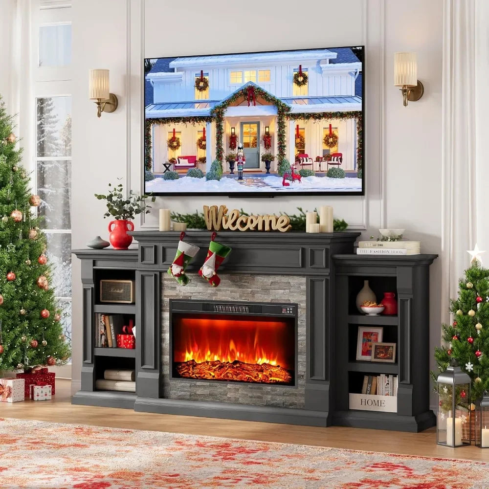 80" Electric Fireplace with Mantel and Cabinets, Fireplace TV Stand for Living Room Bedroom, 30in Realistic Flame Fireplace