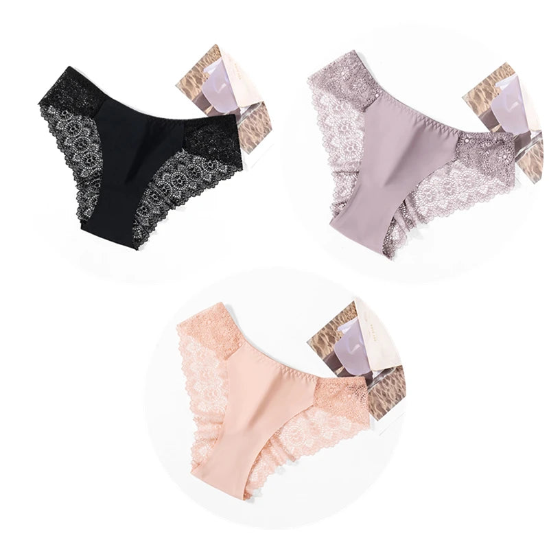 TrowBridge 3PCS/Set Sweet Women's Panties Silk Satin Underwear Lace Sexy Lingerie Girls Breathable Briefs Soft Comfortable Panty