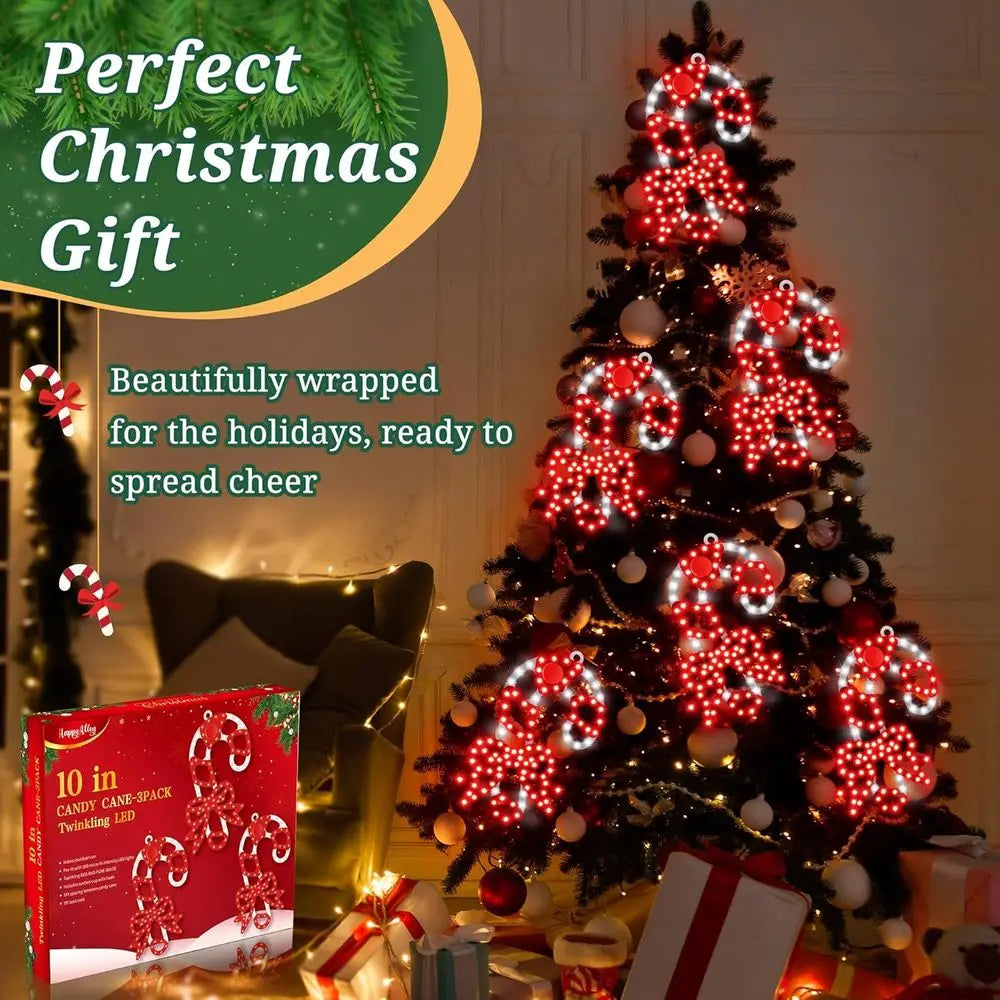 10 Inch 300 LED Waterproof Twinkling Candy Cane Window Decorations with Bows, Red and White for Outdoor Holiday Porches