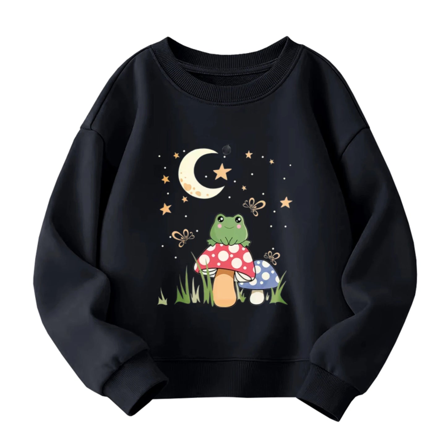 Kids Children's Cotton T-Shirt Frog on Mushroom with Moon and Stars for Boys Girls Fairy Tale Style Magical Forest Theme