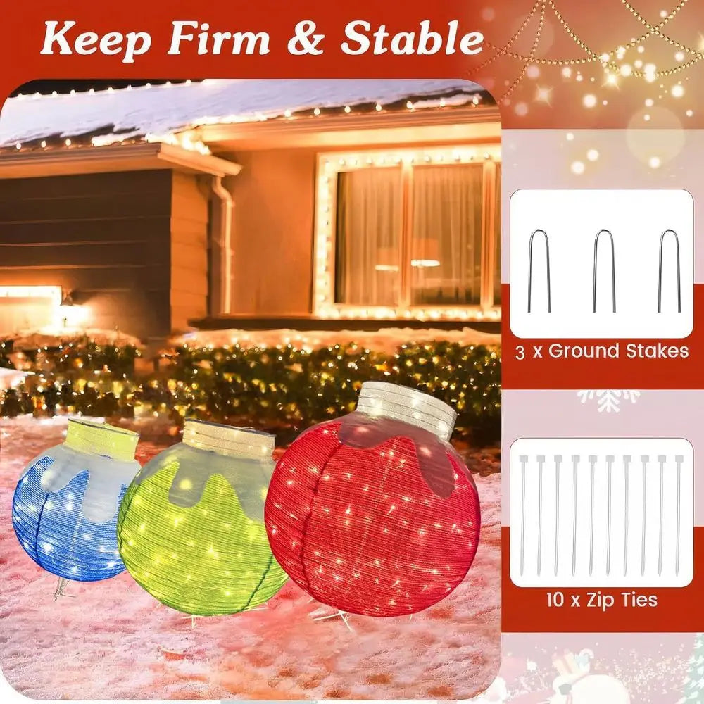 Set of 3 Large Illuminated Flocked Christmas Balls, Outdoor Waterproof LED Hanging Decorations with Base Stakes, Easy Plug-and-P