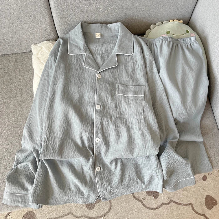 Autumn New Solid Simple Men's Pajamas Set Plus Size Lapel Neck Long Sleeve 2 PC Men's Pajamas Casual Soft Oversized Loungewear