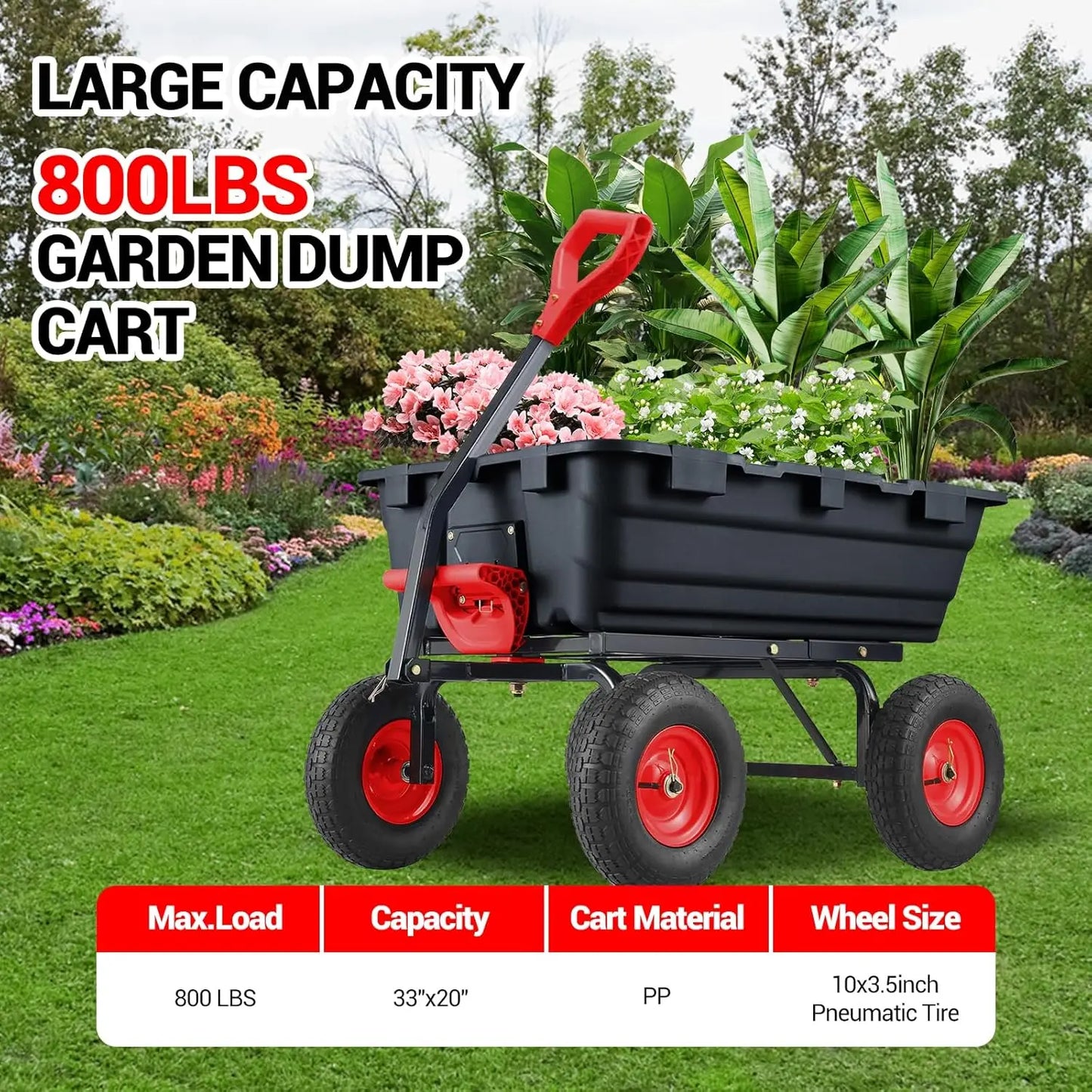 800 Lbs Garden Dump Carts, Heavy Duty Yard Cart, 4 Wheel Wheelbarrow with 10 in Tires, 180°Rotating Handle, for Plants, Soil, Sand