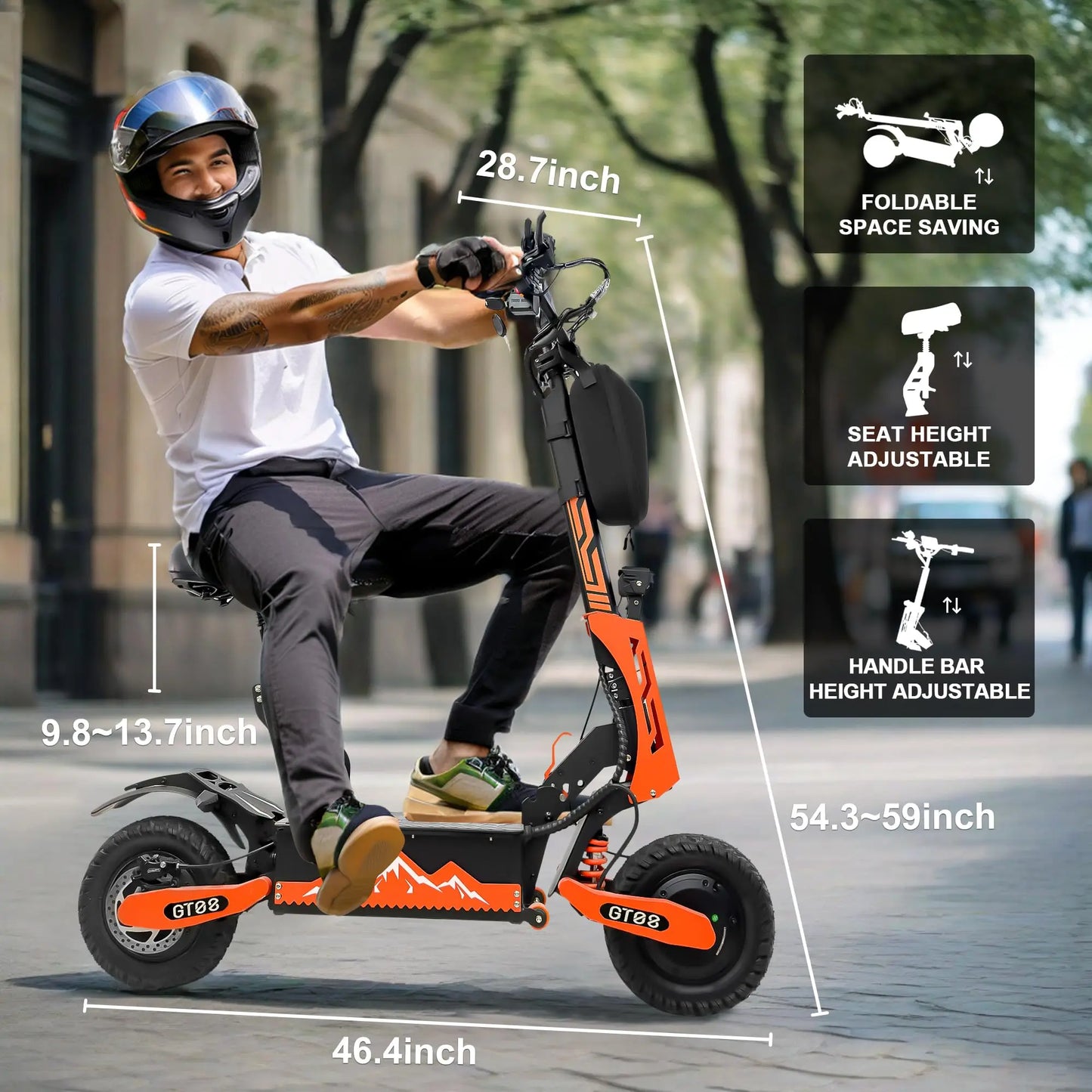 GT08 5600 W Adult Electric Scooter Dual Motor Top Speed 50 MPH,60 V 27 AH, 11-inch Off-Road Tires Sport Folding e-Scooter with Seat