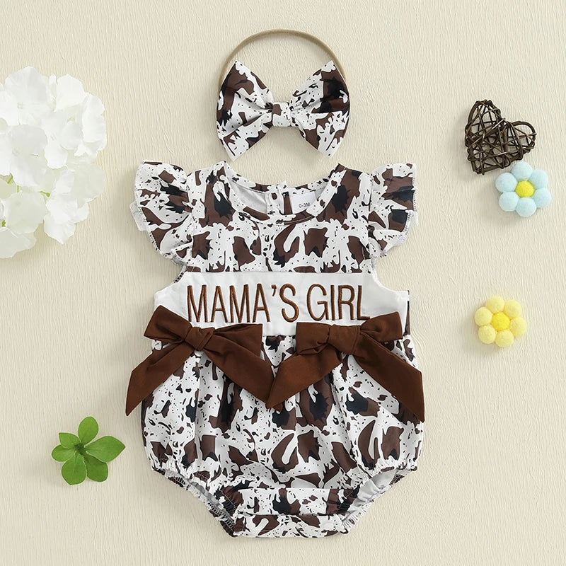 Cute Toddler Girl Mother s Day Romper with Floral Print Embroidered Letters Flutter Sleeves and Matching Bow Headband