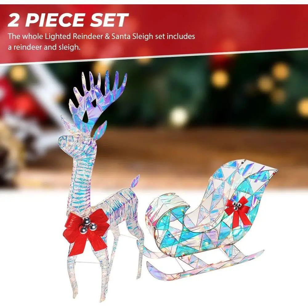 Illuminated Iridescent Santa Sleigh & Reindeer Set, 4ft Outdoor/Indoor Christmas Lawn Decoration with 140 Lights