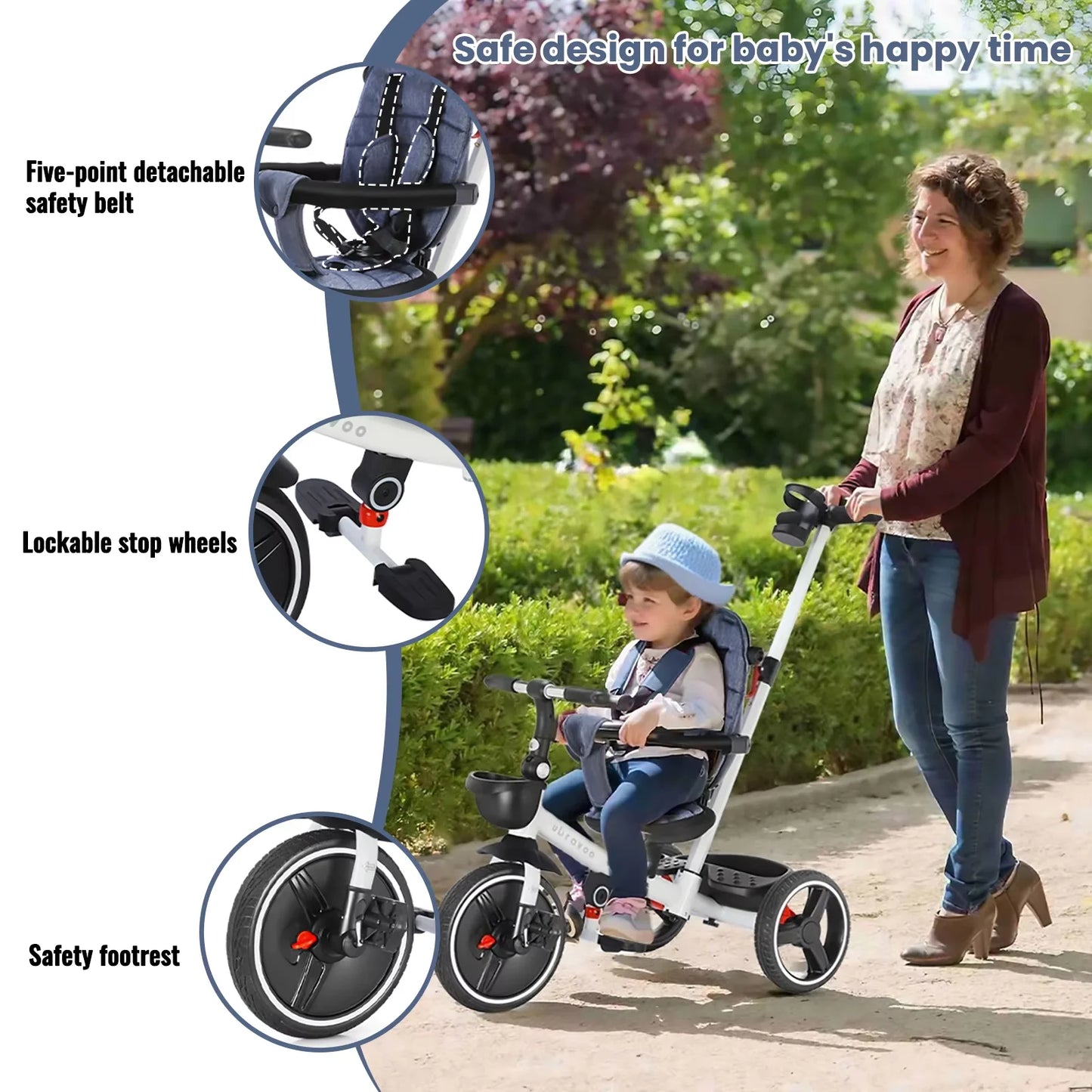 6-in-1 Folding Baby Tricycle - Adjustable Parent Handle, Safety Harness, Wheel Brakes & Removable Canopy | Kids Trike