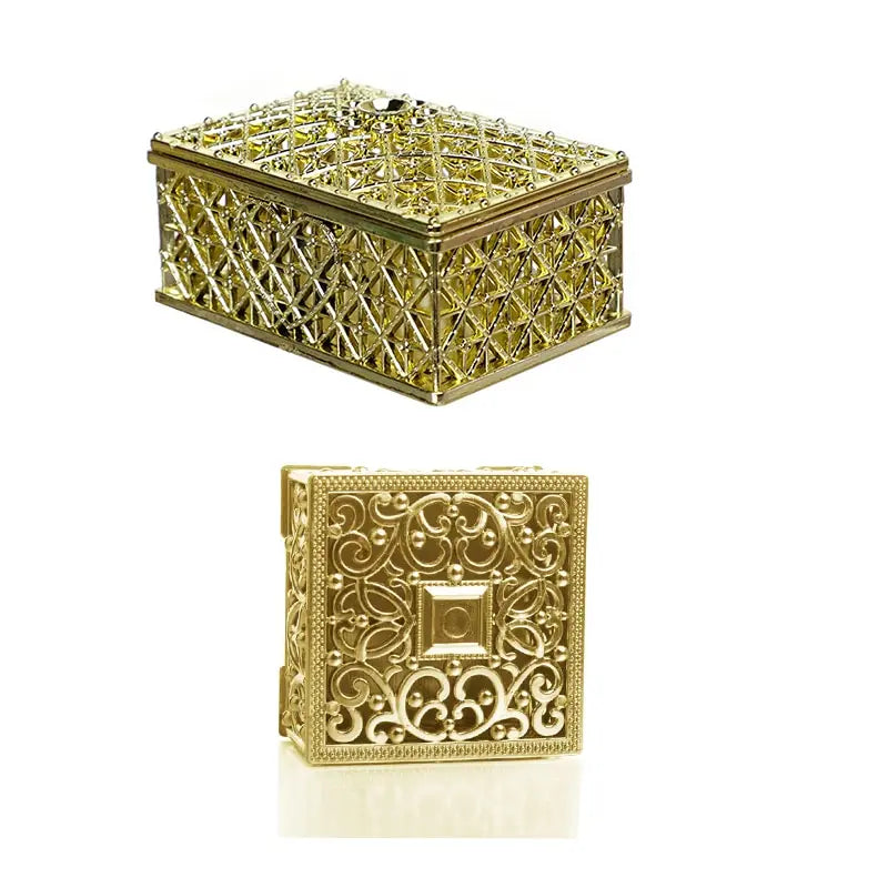 2 Piece Mini Treasure Storage Jewelry Box Gold, Silver color Hollow Flower Pattern Jewelry Case Boxes for Necklace Earring Ring