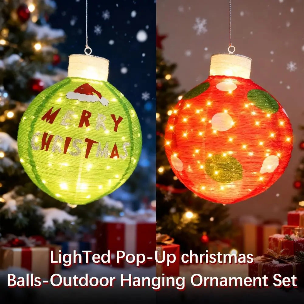 Set of 2 30 Illuminated Pop-Up Christmas Balls, 120 LED Lights, Giant Outdoor Holiday Decor, Red/Green