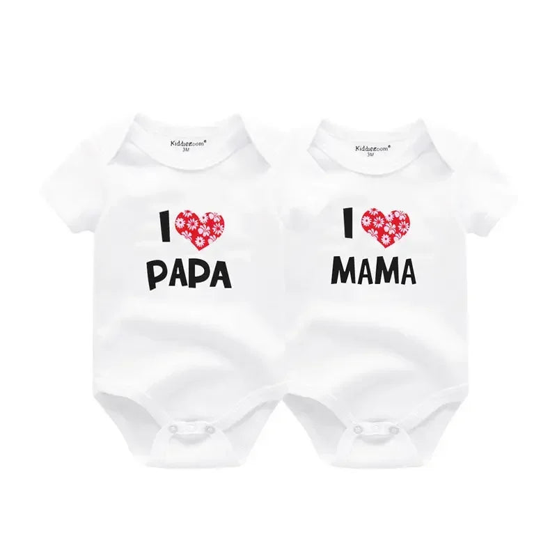 Newborn Twin 2 Pcs Baby Bodysuits - Four Seasons 100% Soft Cotton "I love Papa Mama" Onesies for Boys Girls