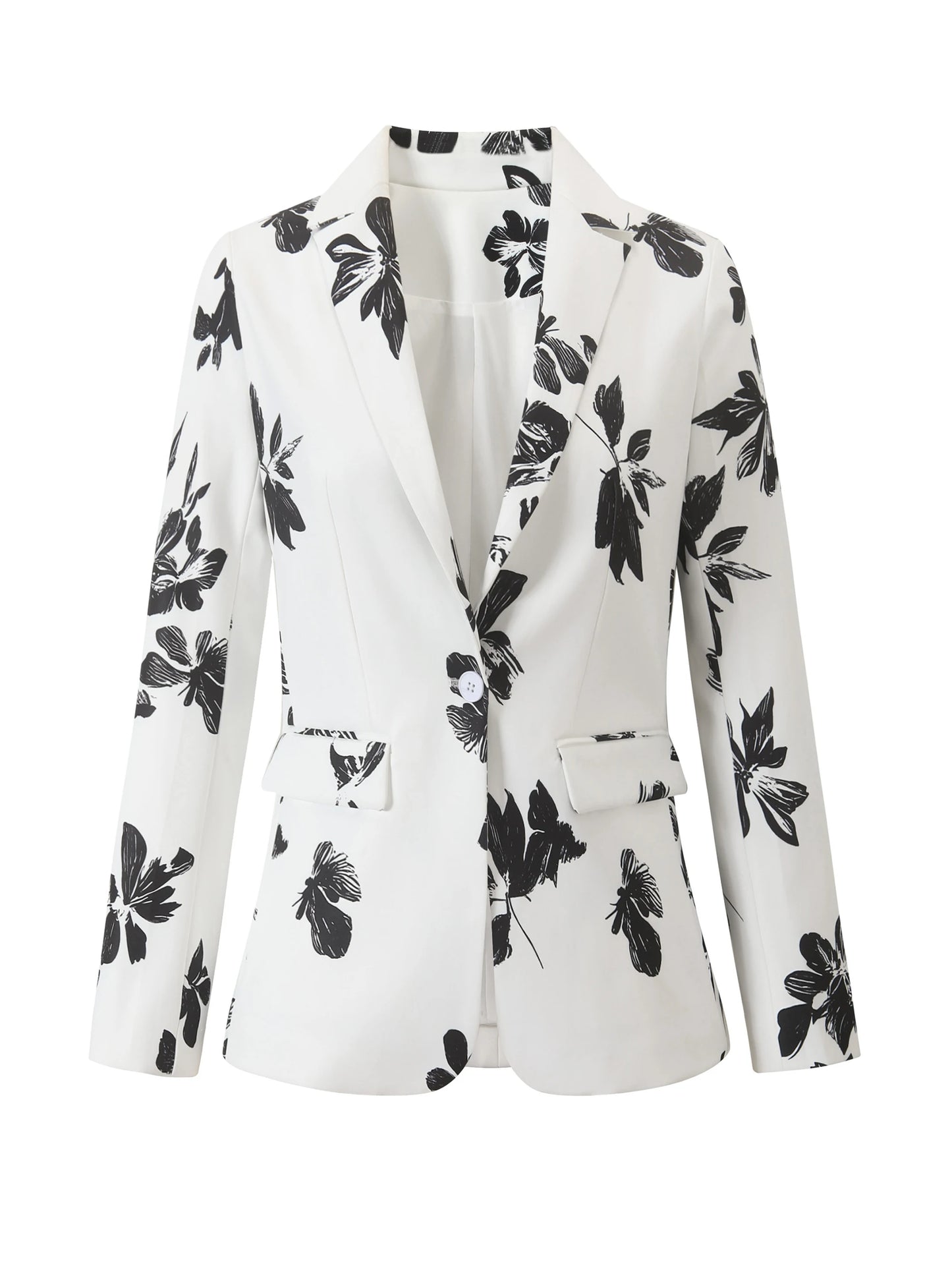 Elegant Floral Print Long Sleeve Blazer for Women - Chic V-Neck Jacket with Pockets, Stylish Outerwear