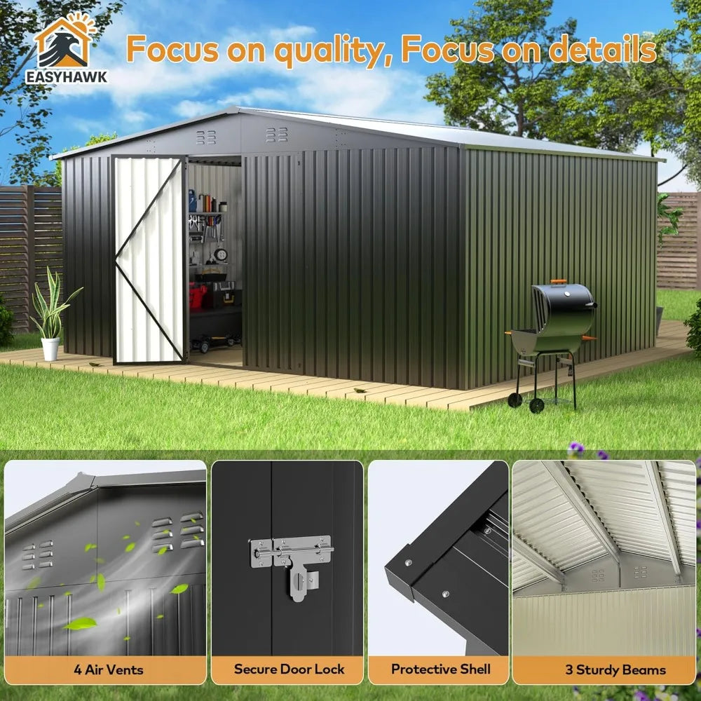 14 x 12FT Outdoor Storage Shed, Metal Waterproof Storage Shed Steel Utility Garden Tool Shed with Door & Lock Outdoor，Customized