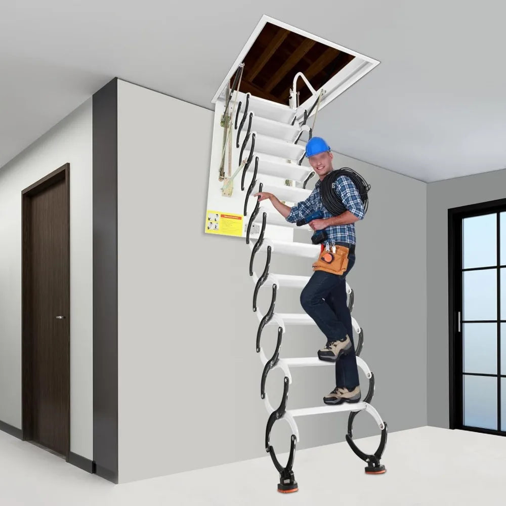 9ft folding steel attic ladder with 661lbs load capacity and pull-down system