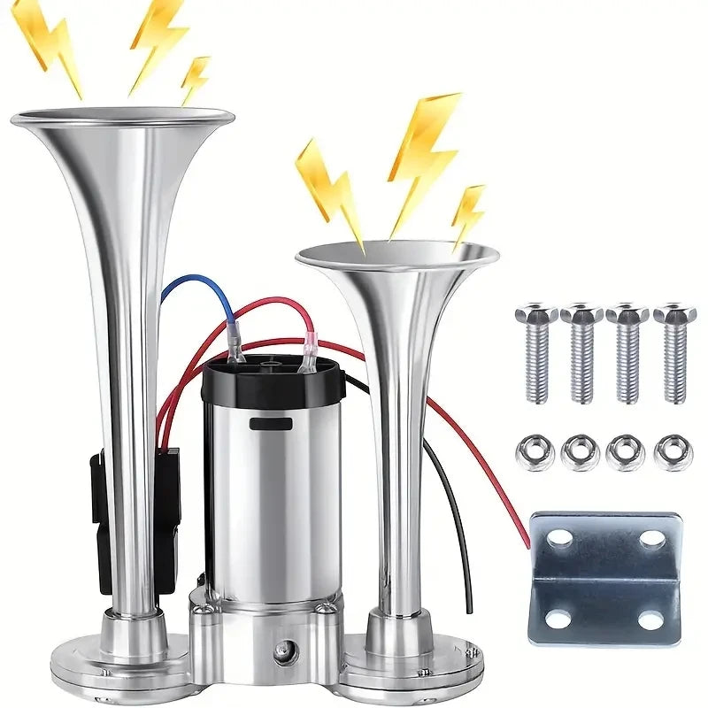 12 V Horns, Chrome Zinc Single Trumpet Truck Air Horn with Compressor for Any 12 V Vehicles Trucks Lorrys Trains Boats Cars