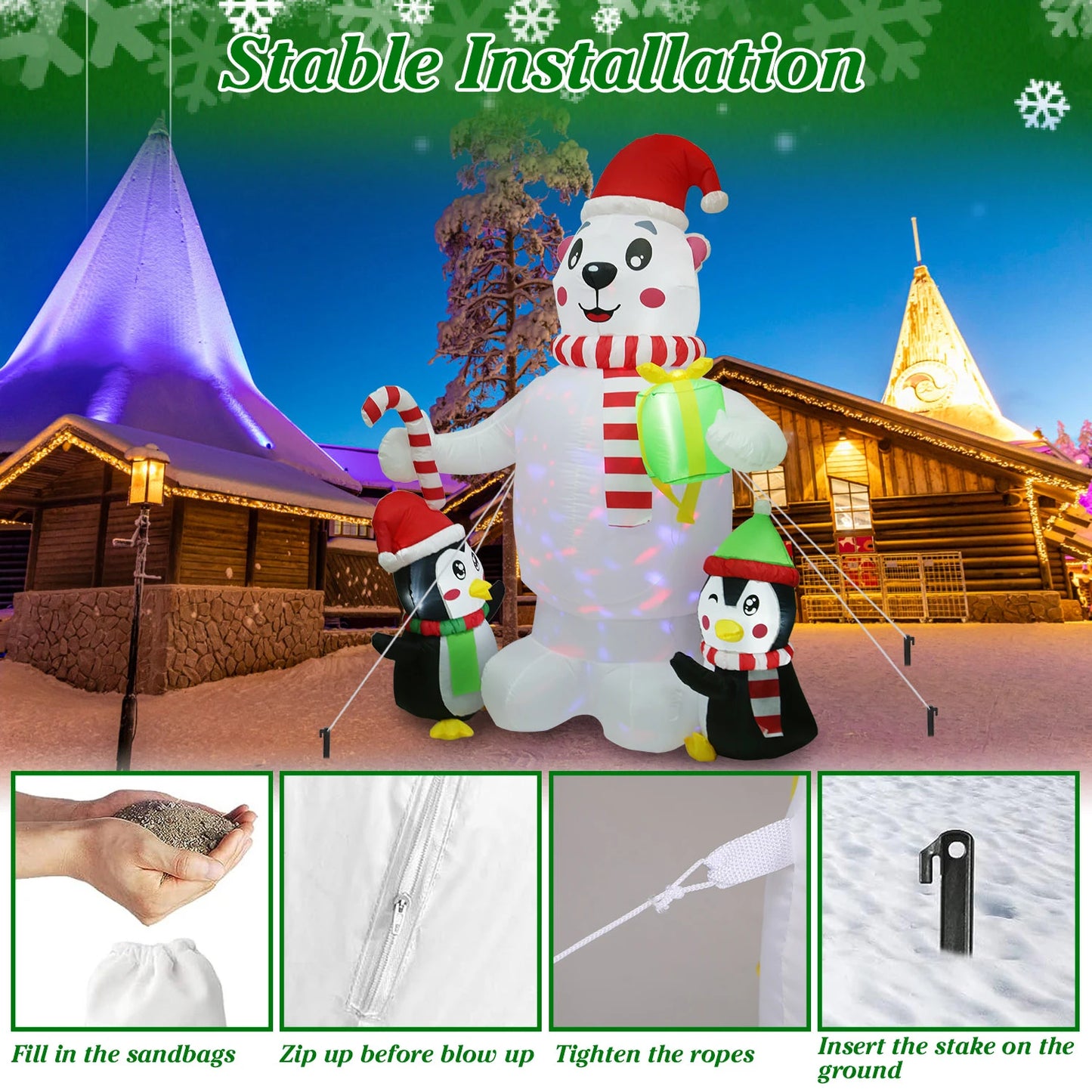 5.9 FT Christmas Inflatable Outdoor Decoration Polar Bear Gift Box Penguin Blow Up Yard Decoration with LED Light Built-in Air