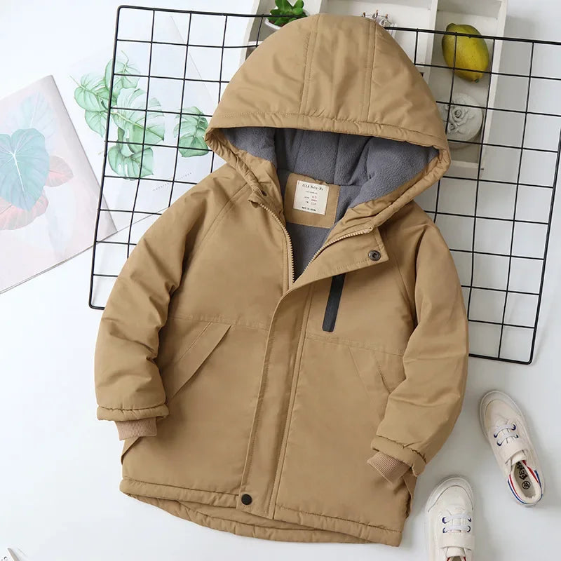 4-14 Years Boys Autumn Winter Hooded Parka Thickened Plus Velvet Warm & Cozy Outerwear Jacket