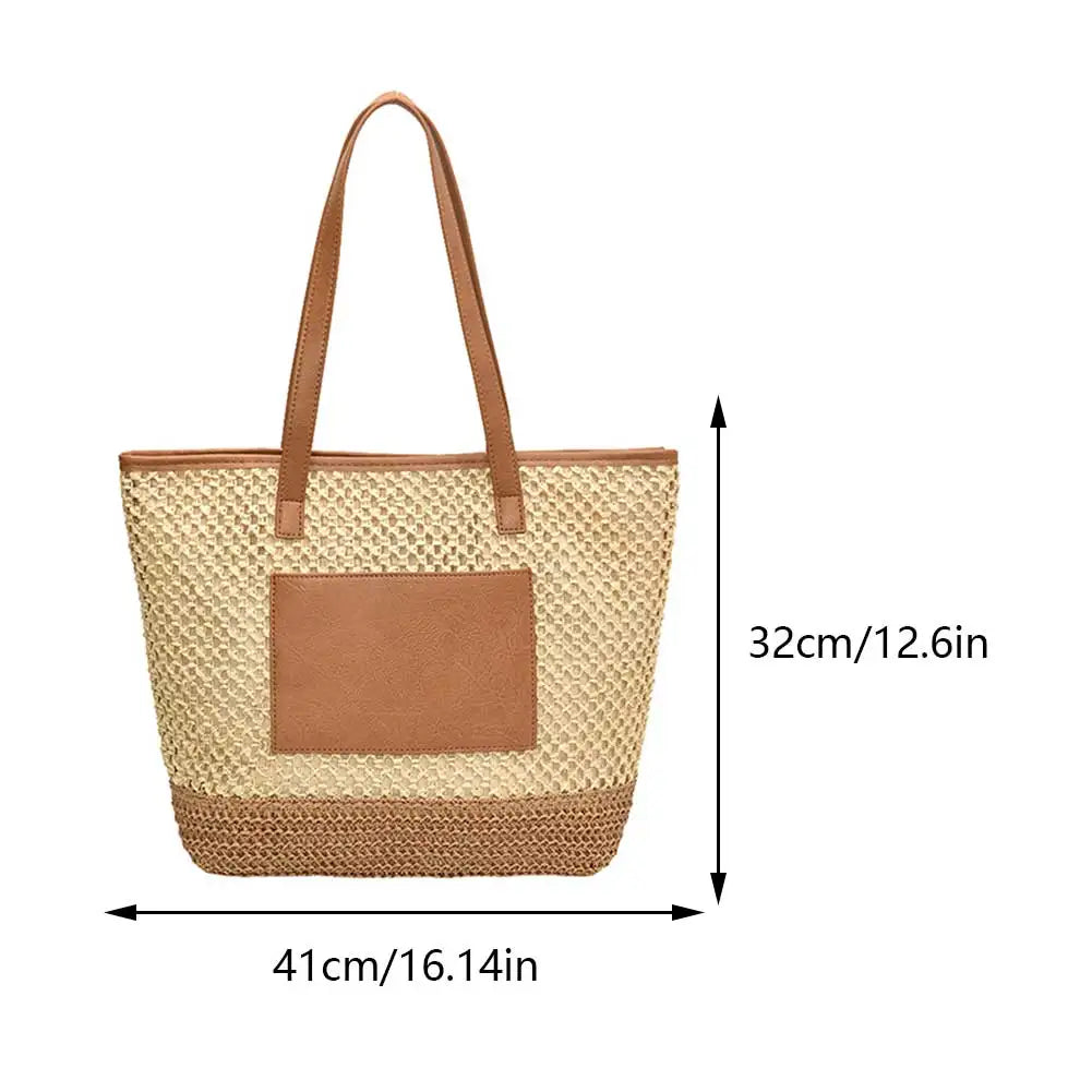 Women Straw Crochet Beach Handbag PU Patchwork Simple Shoulder Bag Contrast Color Minimalist Tote Bag Ladies Summer Bag