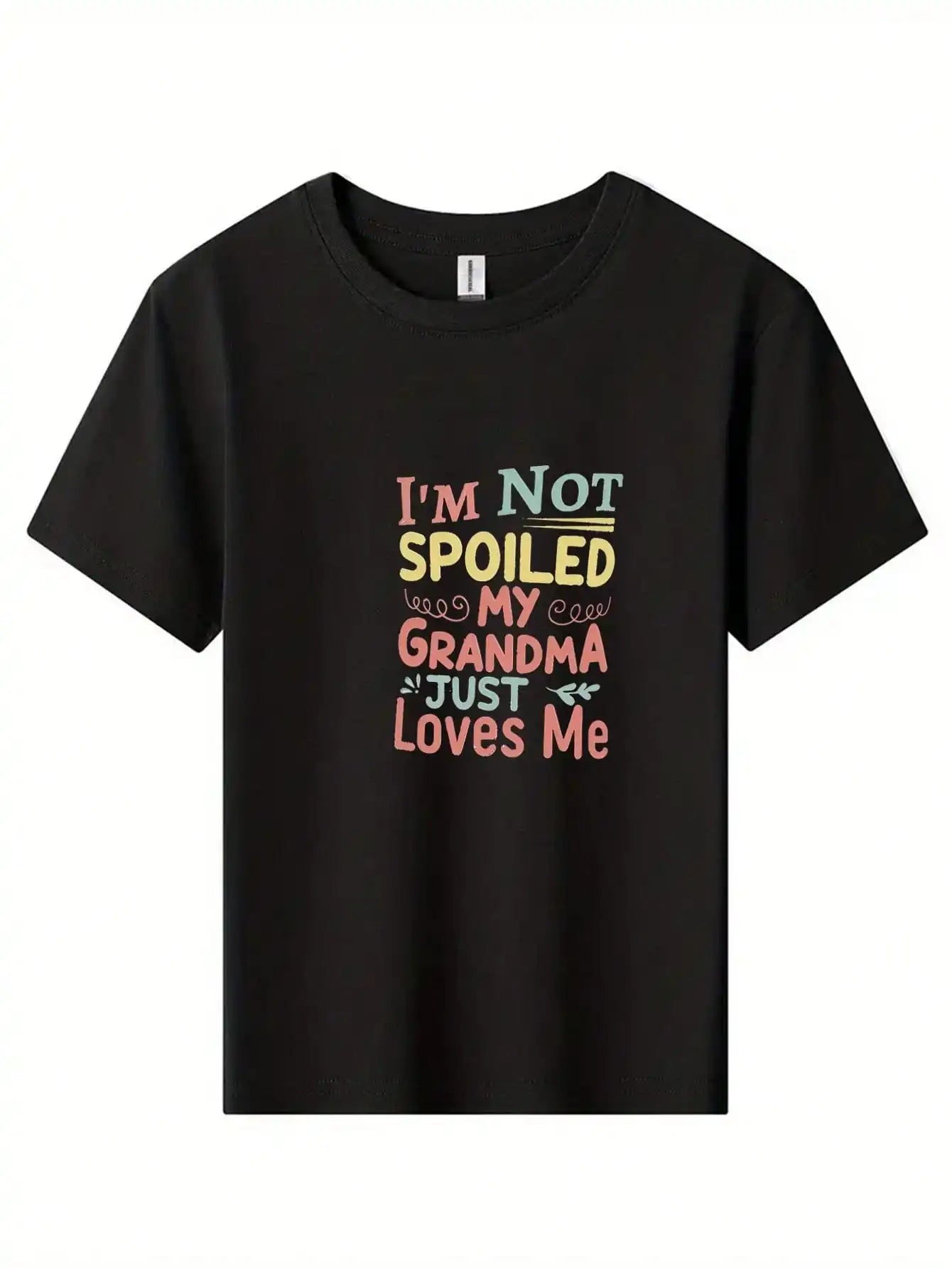 Tween Boys Fun Typography Cotton Graphic Tees, Black Casual Style With "I'M NOT SPOILED MY GRANDMA JUST Loves Me,"