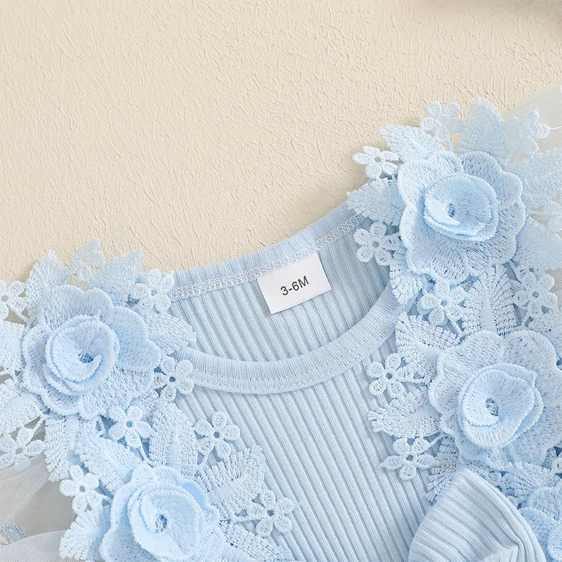 Infant Girls Floral Embroidered Romper with Mesh Skirt and Matching Headband Set for Baby Bodysuits and Jumpsuits