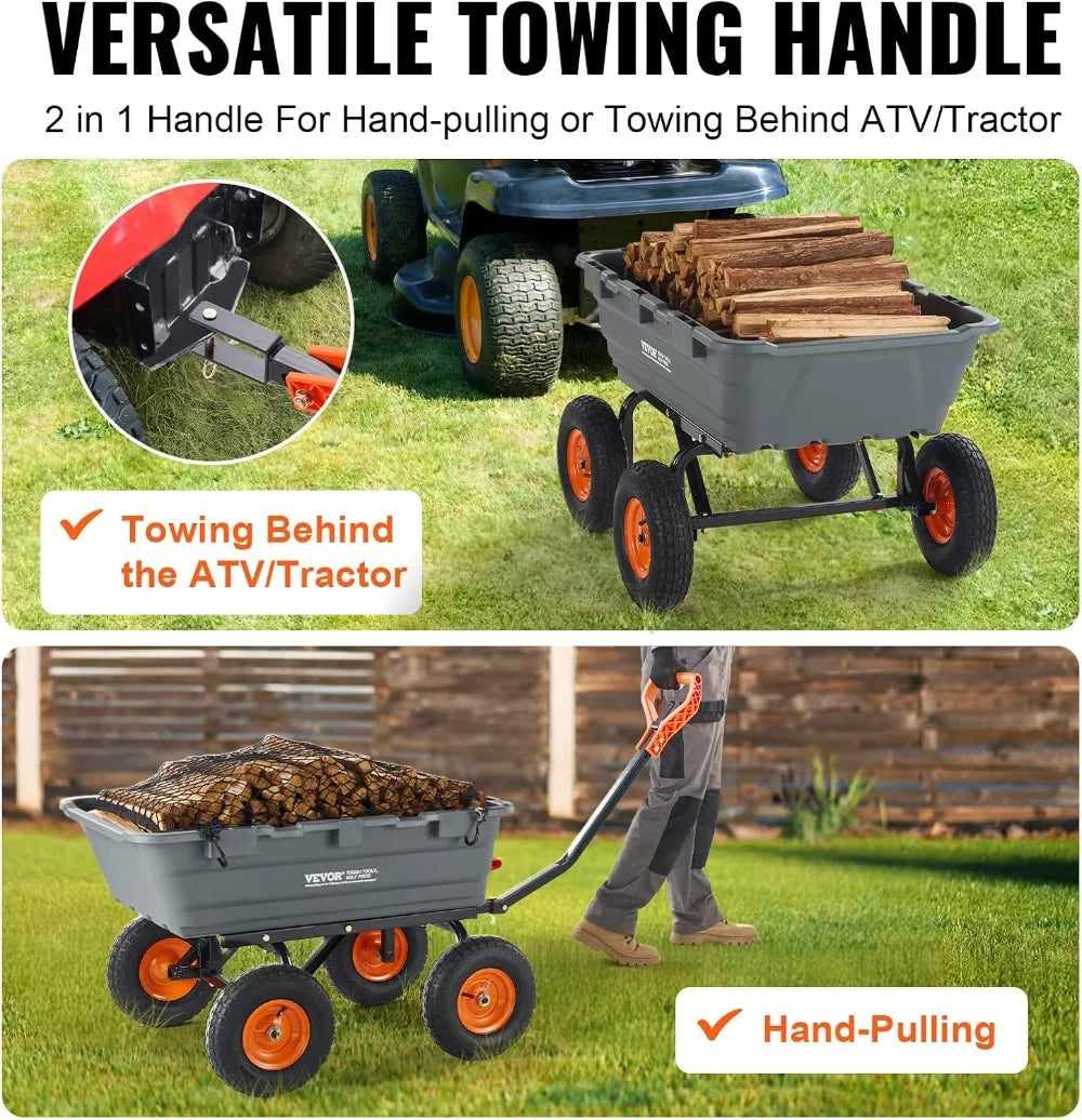 Heavy Duty 1200 lbs Garden Dump Cart with Convertible Handle and All Terrain Wheels for Lawn Mower Tractor