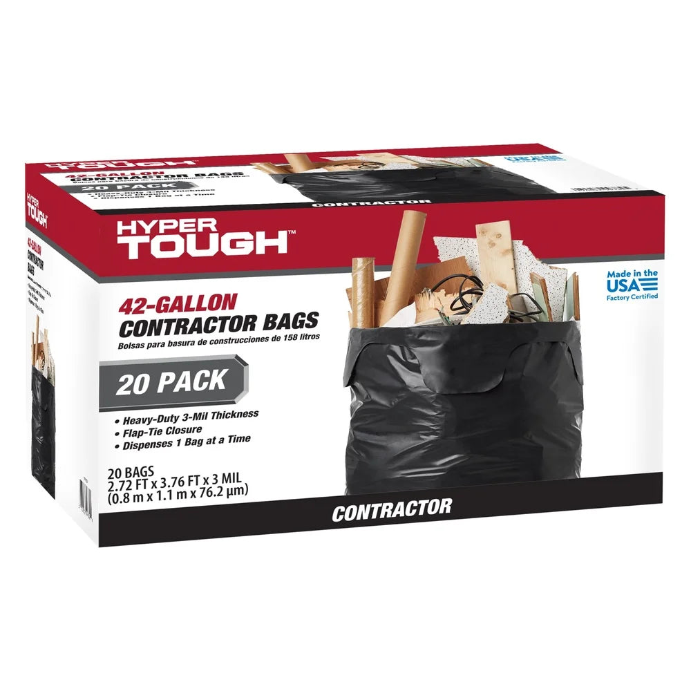 42 Gallon Heavy Duty Contractor Trash Bags 3 MIL Thick Flap Tie Closure Large Cleanup Bags Easy Dispensing 20 Count
