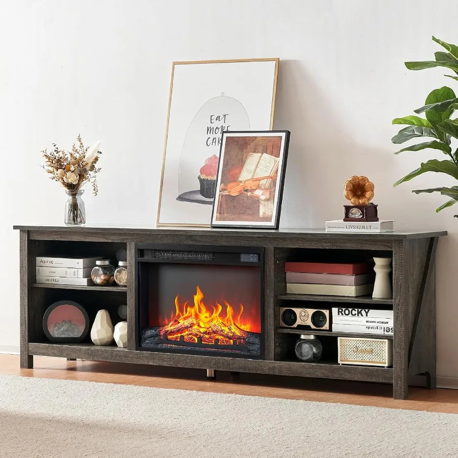 Farmhousestyle Wood Texture Fireplace TV Stand with Builtin 23inch Electric Fireplace for Cozy Living Room Ambiance Rustic Grey