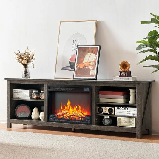 Farmhousestyle Wood Texture Fireplace TV Stand with Builtin 23inch Electric Fireplace for Cozy Living Room Ambiance Rustic Grey