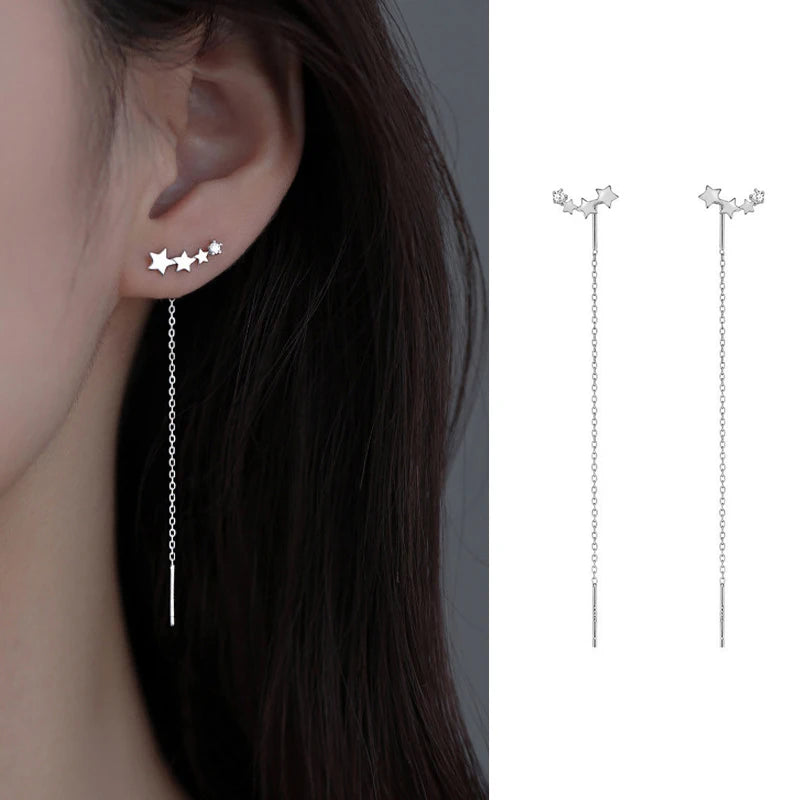 S925 Silver Needle Star Line Earring for Women Tassel Drop Earring Long Chain Beads Piercing Earring Asymmetry Ear Jewelry
