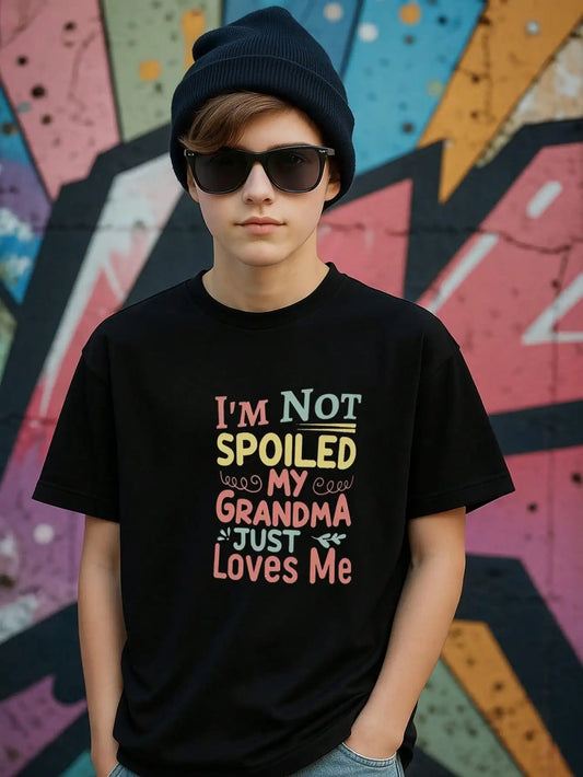 Tween Boys Fun Typography Cotton Graphic Tees, Black Casual Style With "I'M NOT SPOILED MY GRANDMA JUST Loves Me,"