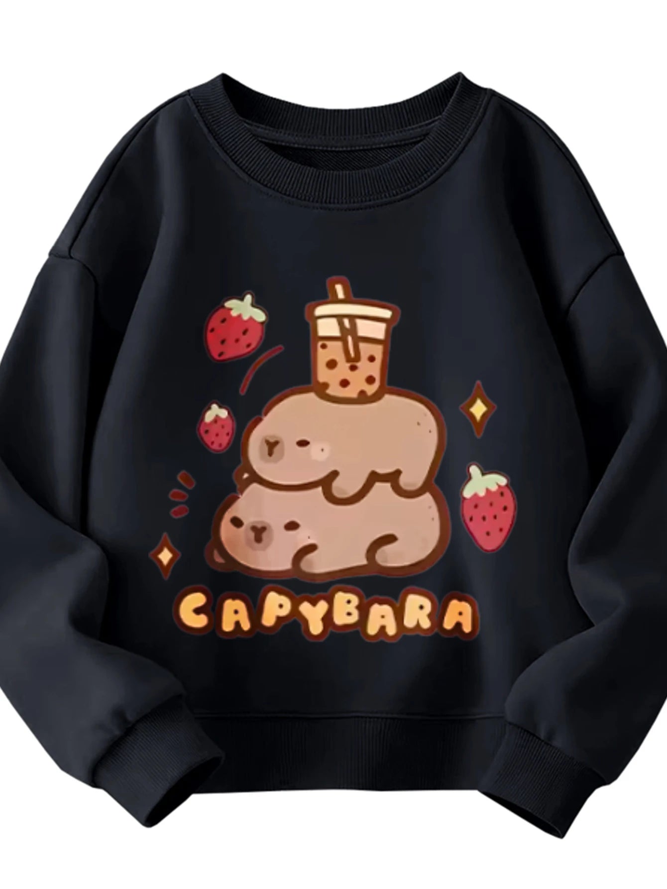 Kids / Children's Cotton Crew-neck Sweatshirt with CAPYBARA Boba Tea Stacked Animals for Boys and Girls Kawaii Style