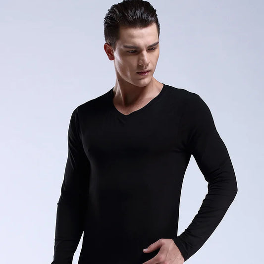 Mens Thermal Undershirt Long-sleeve Men Thermal Shirt V-neck Thin Underwear Top Autumn Winter Underwear
