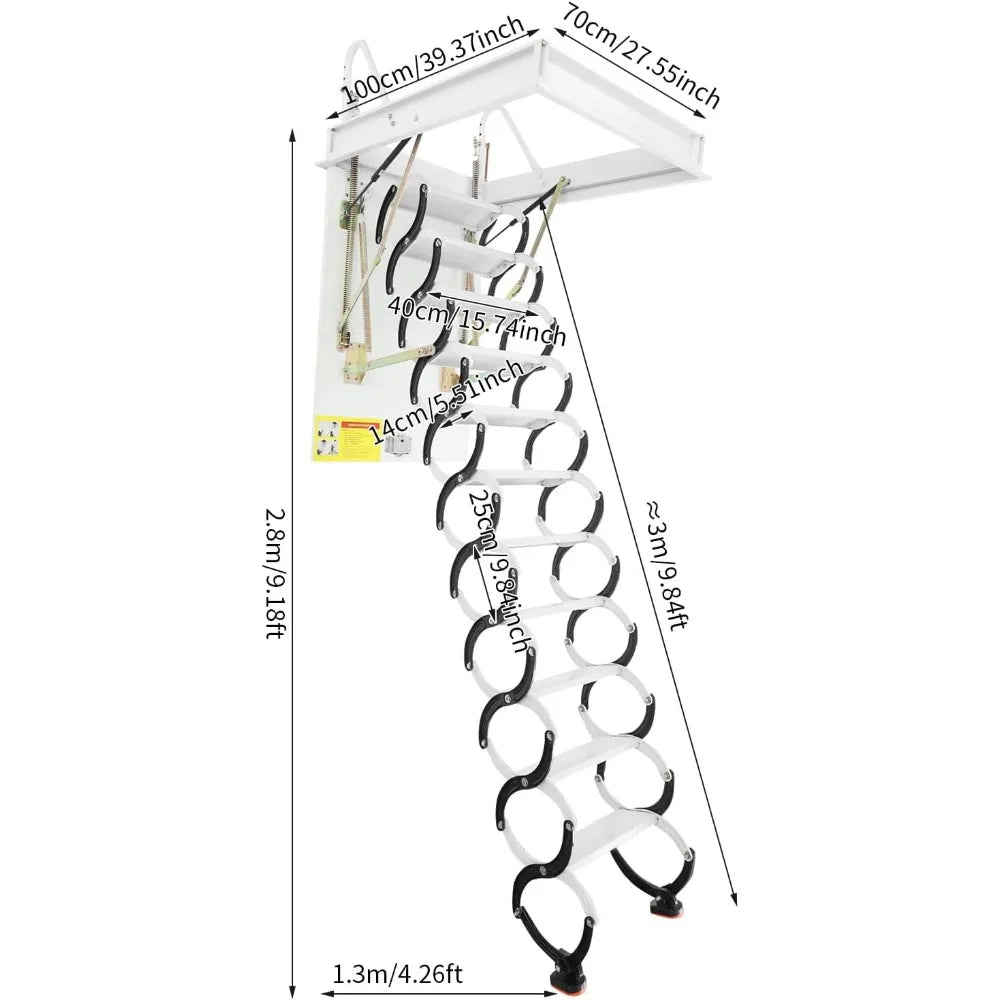 9ft folding steel attic ladder with 661lbs load capacity and pull-down system