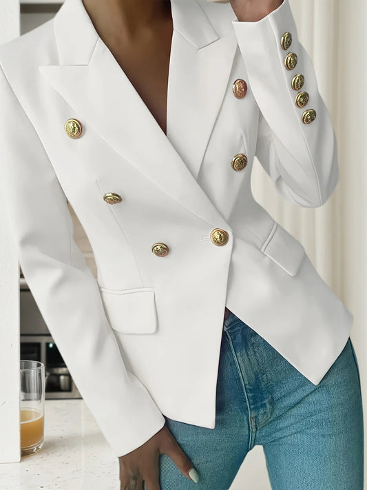 New Pure White Women's Elegant Double-Breasted Lapel Long-Sleeved Suit Jacket, High-Quality Classic Suit Jacket, Suitable for [Of/From - Context Needed for Best Choice]