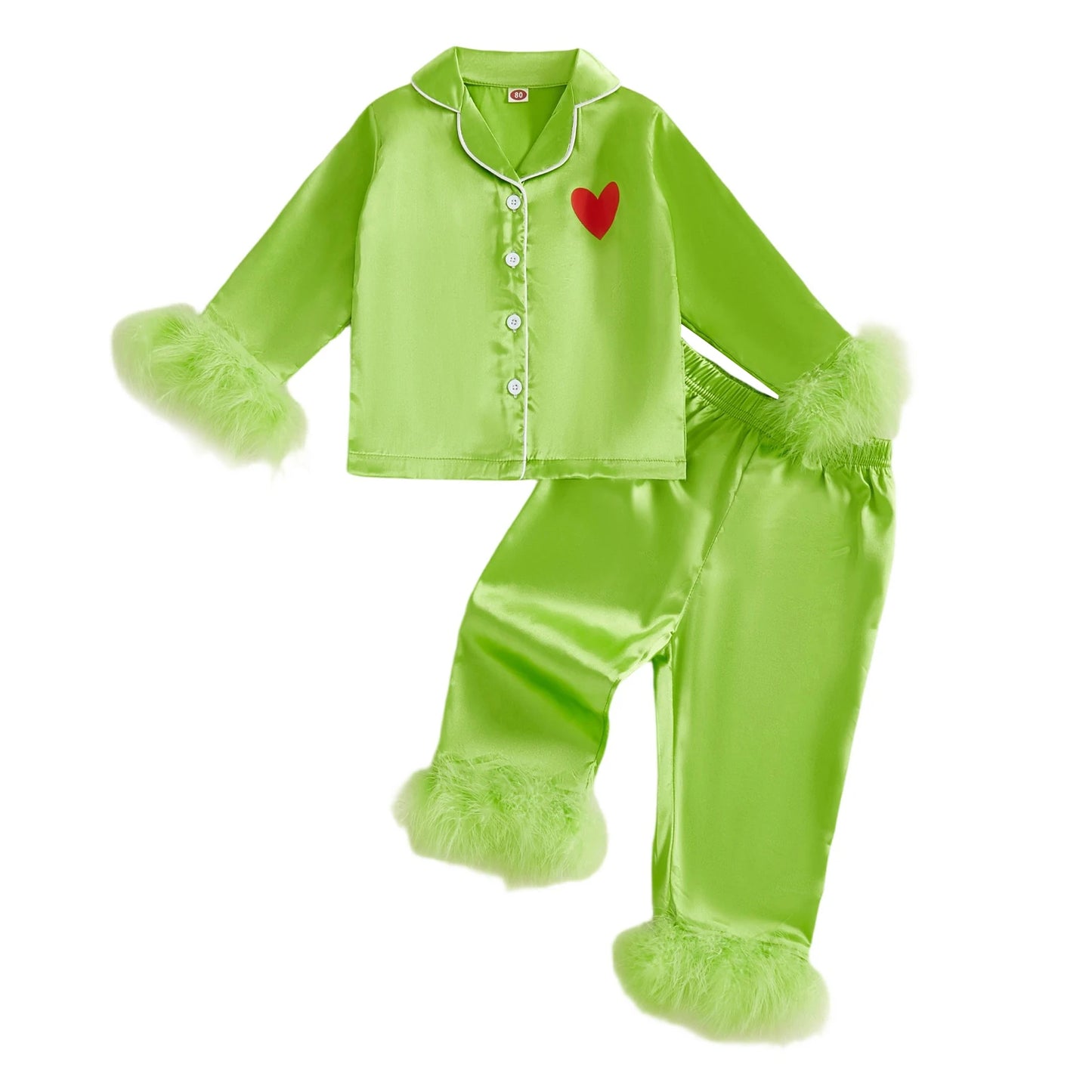 Children s Christmas Satin Pajama Set with Heart Print Long Sleeve Lapel Button Down Top Pants with Feather Cuffs and