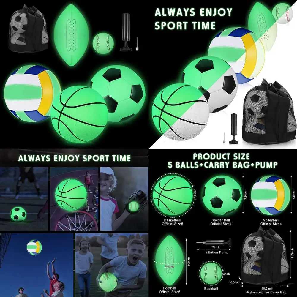Glow in the Dark 5-Piece Sports Ball Set with Official Sizes: Football, Basketball, Soccer, Volleyball, Baseball - Includes Carr