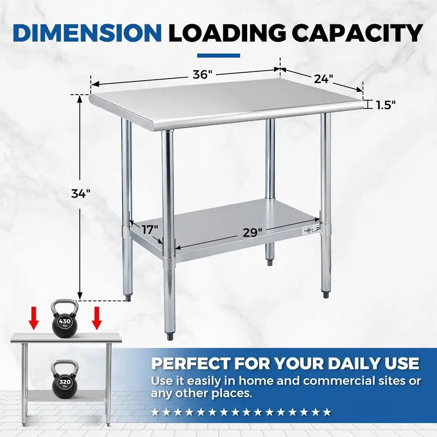 Stainless Steel Prep Table 36 x 24 Inch NSF Commercial Work Table with Under-shelf Heavy Duty Table for Kitchen Restaurant Home Hot