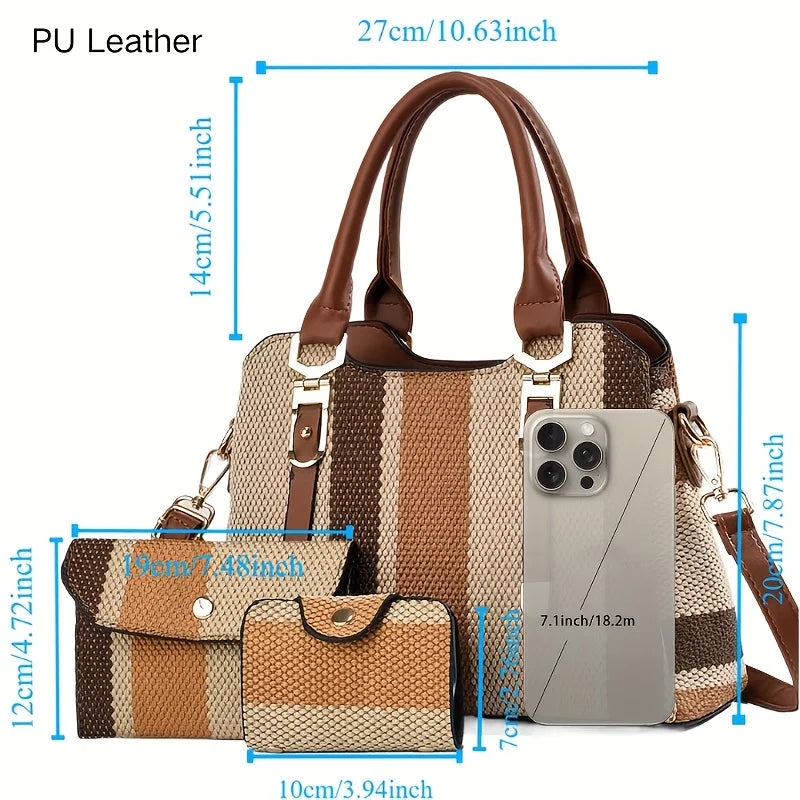 2025 New Design Color Contrast Tote 3PCS Bag Set, Canvas Shoulder Bag Crossbody Bag with Purse and Card Holder, Premium PU Leath