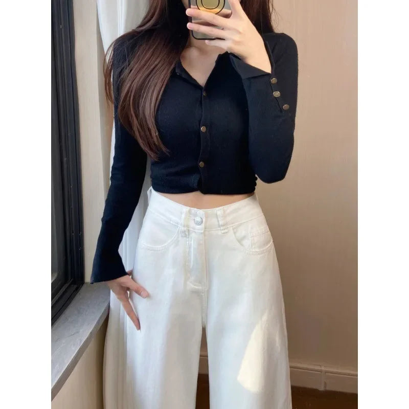 White High-waist Straight-leg Jeans For Women Slimming Loose-fit Autumn Bell Bottoms Versatile Plus-size Women's Jeans
