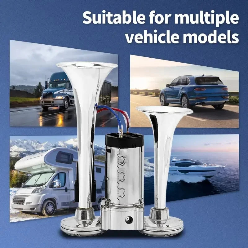 12 V Horns, Chrome Zinc Single Trumpet Truck Air Horn with Compressor for Any 12 V Vehicles Trucks Lorrys Trains Boats Cars