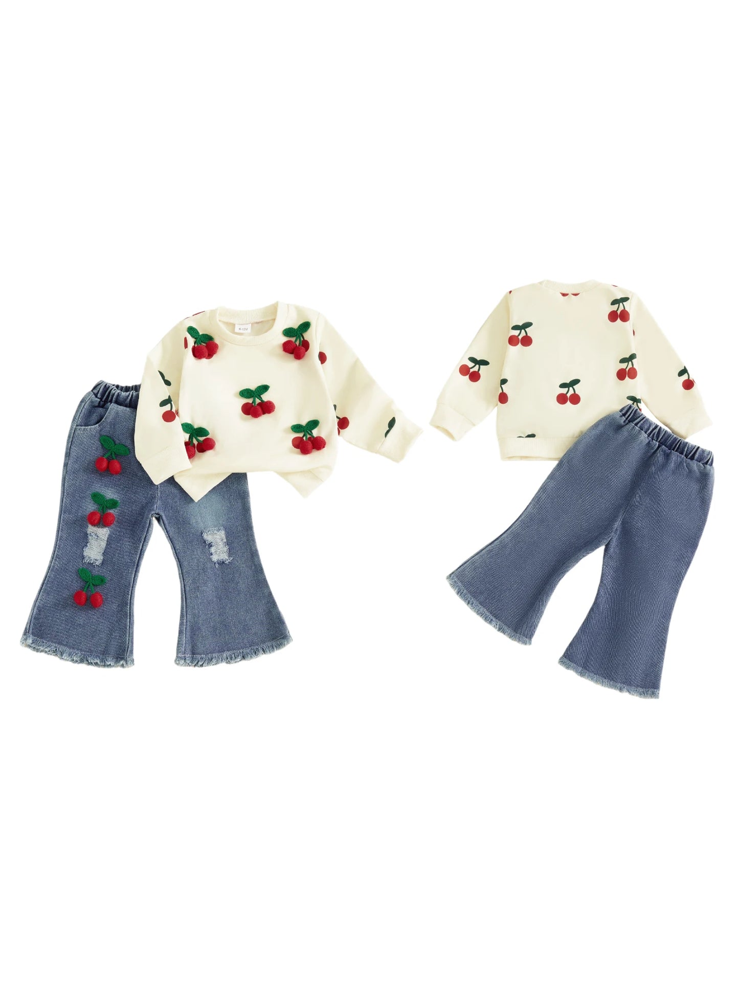 Cute Toddler Girl Autumn Ensemble Cherry Embellished Long Sleeve Pullover Distressed Denim Flare Pants Set with Elastic