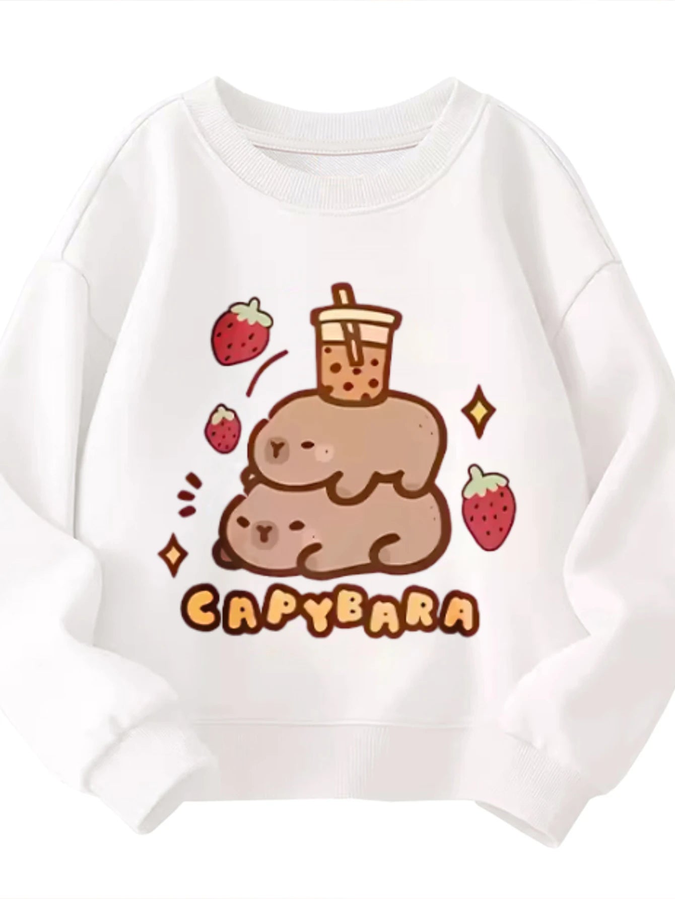 Kids / Children's Cotton Crew-neck Sweatshirt with CAPYBARA Boba Tea Stacked Animals for Boys and Girls Kawaii Style