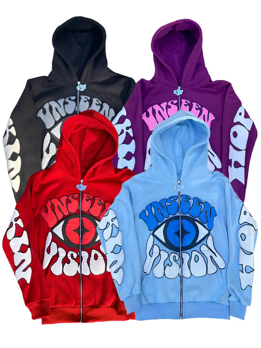UNSEEN VISION Y2K Red Fall Jacket for Men - Eye Pattern Zip Up Hoodie Autumn/Winter Fashion Halloween Jacket Unisex