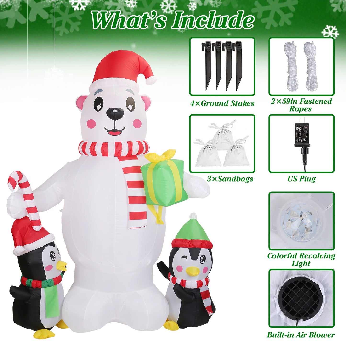 5.9 FT Christmas Inflatable Outdoor Decoration Polar Bear Gift Box Penguin Blow Up Yard Decoration with LED Light Built-in Air