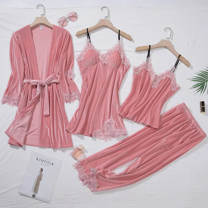 Casual Velour Home Clothing 4pcs Sleep Set Intimate Lingerie Women Pajamas Suit Long Sleeve Lace Velvet Homewear Pyjamas set