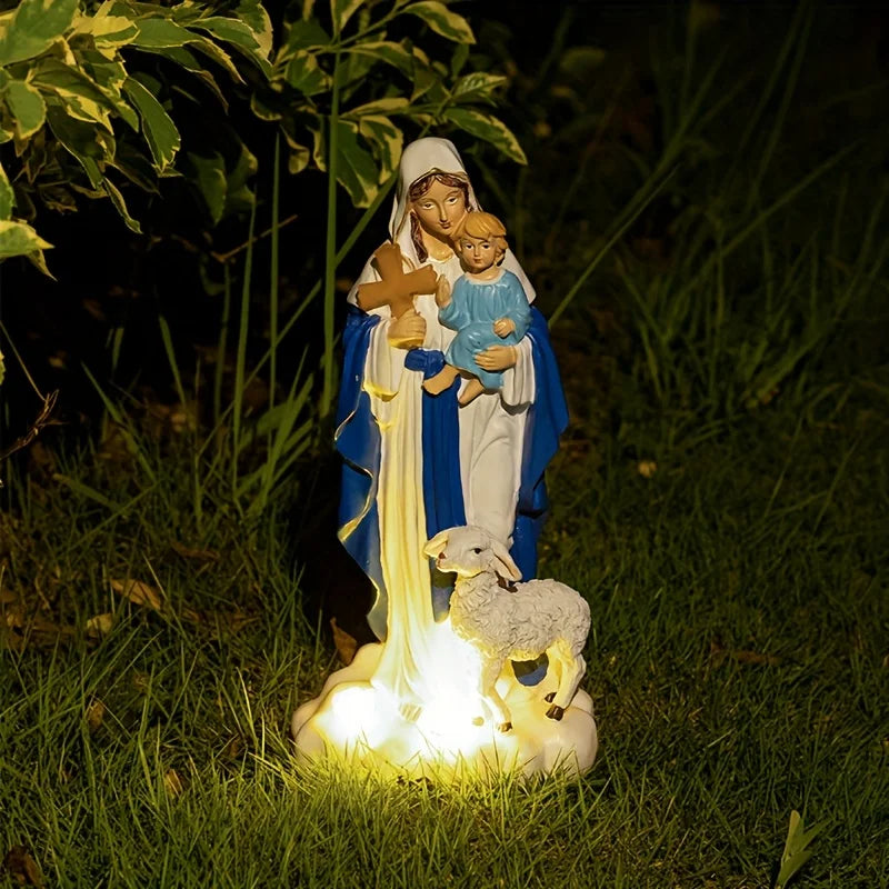 Statue Outdoor Decor Solar Light, Jesus Birth Figure Resin Statue, Solar Jesus Nativity holding child and sheep statue light