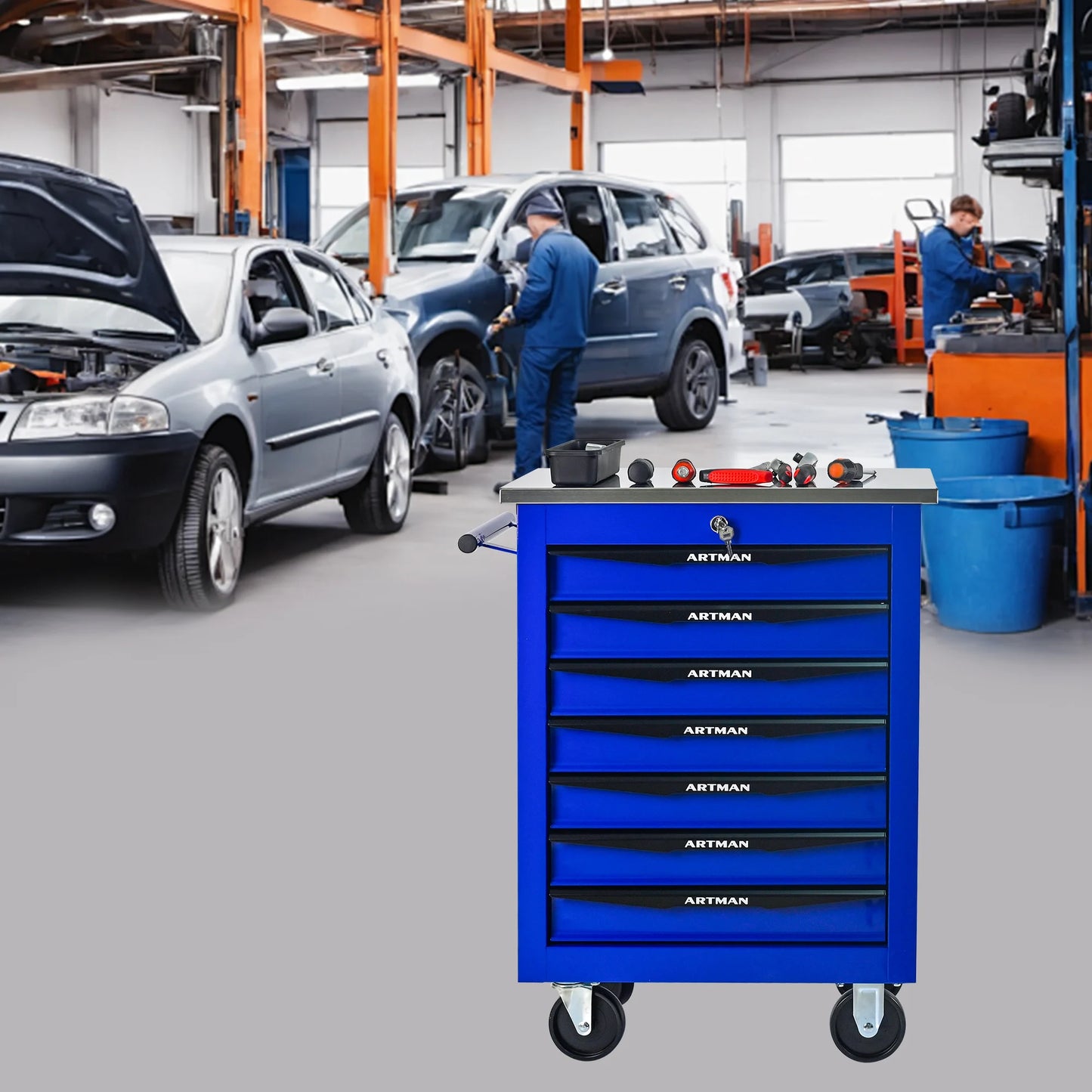 7 drawer wheeled toolbox trolley, tool cabinet, tool storage cabinet with lock and key, suitable for workshops, garages, blue