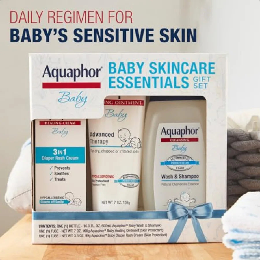 Aquaphor Baby Skin Care entials Gift Set with Baby Wash and Shampoo 16.9 Fl Oz + Healing Ointment for Chapped Skin and Drool Ra